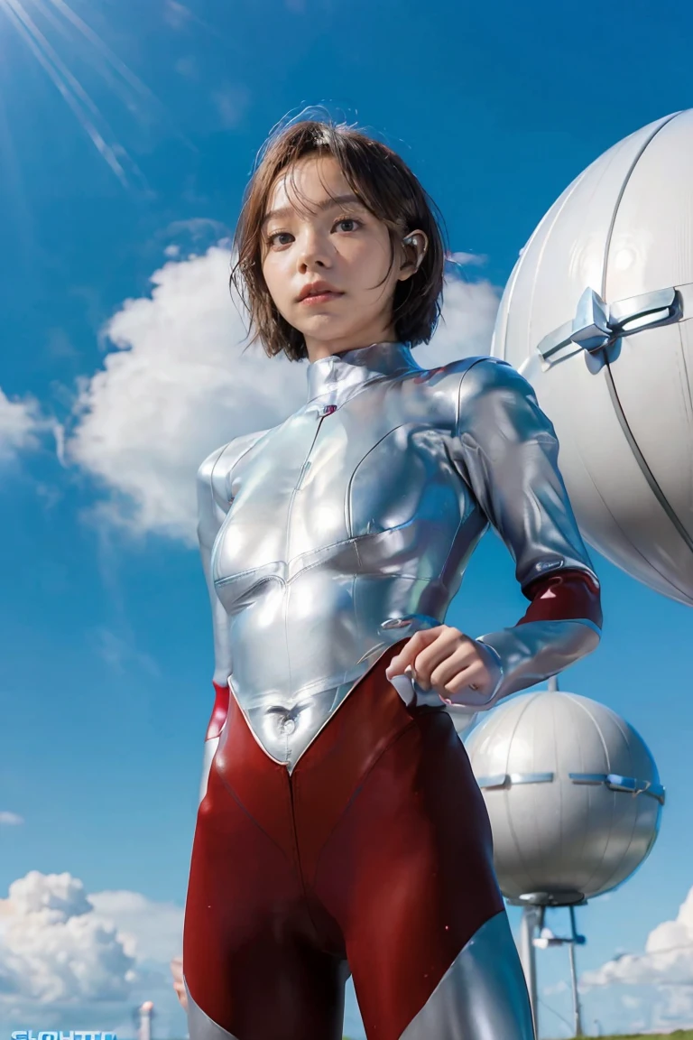(((blue sky with cloud in background))), Ultraman、realistic、realistic、cinematic lighting, Girl in a shiny red and silver suit、18 years old、professional photo, Japanese model, Japanese cgi、Ultraman Suit、tight and thin cyber suit, Whole body rubbery delicate body, big breasts、small ass、thin thighs、thin arms、thin waist、、Both sides of the cyber suit stick to the skin、Big eyes、facing the front、facing the front、A glowing sphere is embedded in the chest.