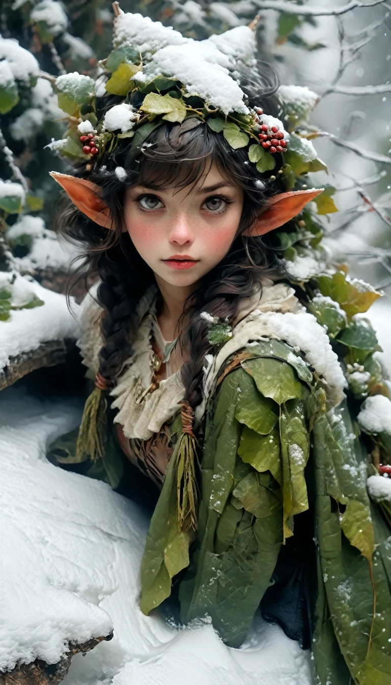 a snowy winter leaf pixie girl on a leaf in the snow, the snowy winter leaf pixie and the world of adventure, photo realism, 8k resolution, garden, trending on artstation, 4k, intricate details, highly detailed, pencil drawing, sketching, unreal engine, Caravaggio, greg rutkowski, loish, rhads, beeple, makoto shinkai and lois van baarle, ilya kuvshinov, rossdraws, tom bagshaw, alphonse mucha, oil painting, heavy strokes, paint dripping, oil painting, heavy strokes, paint dripping