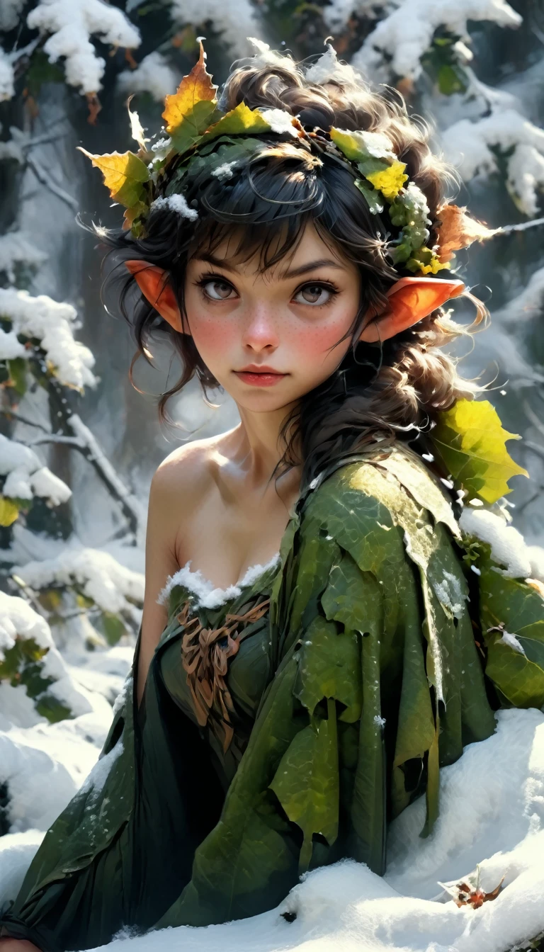 a snowy winter leaf pixie girl on a leaf in the snow, the snowy winter leaf pixie and the world of adventure, photo realism, 8k resolution, garden, trending on artstation, 4k, intricate details, highly detailed, pencil drawing, sketching, unreal engine, Caravaggio, greg rutkowski, loish, rhads, beeple, makoto shinkai and lois van baarle, ilya kuvshinov, rossdraws, tom bagshaw, alphonse mucha, oil painting, heavy strokes, paint dripping, oil painting, heavy strokes, paint dripping