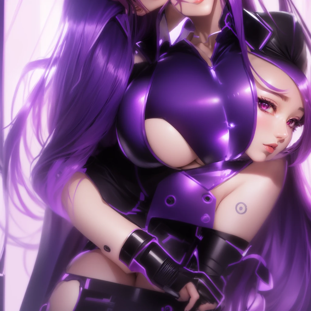 Purple haired anime girl sitting in a red chair, Enchanting anime girl, misato katsuragi, tits, I also make fan art, sfw version, Beautiful and attractive anime woman, biomechanical tits, Nico Robin, Beautiful and attractive anime , Anime Moe Art Style, Naughty anime style, Her breasts are covered and she's SFW,Naughty expression