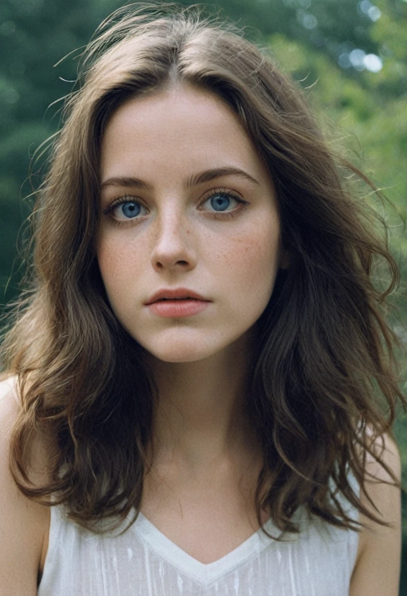analog analog, grain, (Hyperdetailed Photography:1.2), (flash photography:1.3), Realistic, Imperfect, an incredibly cute (young:1.3) English girl called Brittany2, angelic face, (big eyes:1.1), (freckles in face:0.8), long dark-black feathered hair, blue detailed eyes, skinny, (large natural breasts:1.15), (linnen pants), (simple white blouse), posing on the Umpire Rock at Central Park in NYC, 1970s