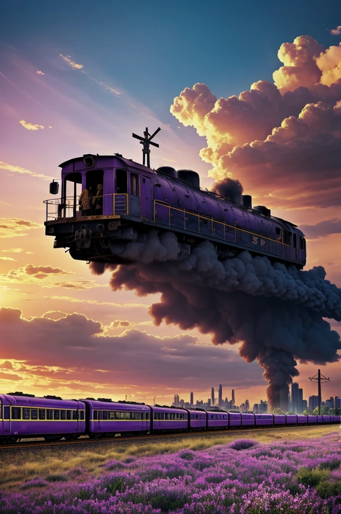 Make a album type cover with a purple train with a destroyed city in the background, with golden clouds with a giant cross with people raising their hands to the sky and a Piano in the sky, with blue flowers and a lonely boy 