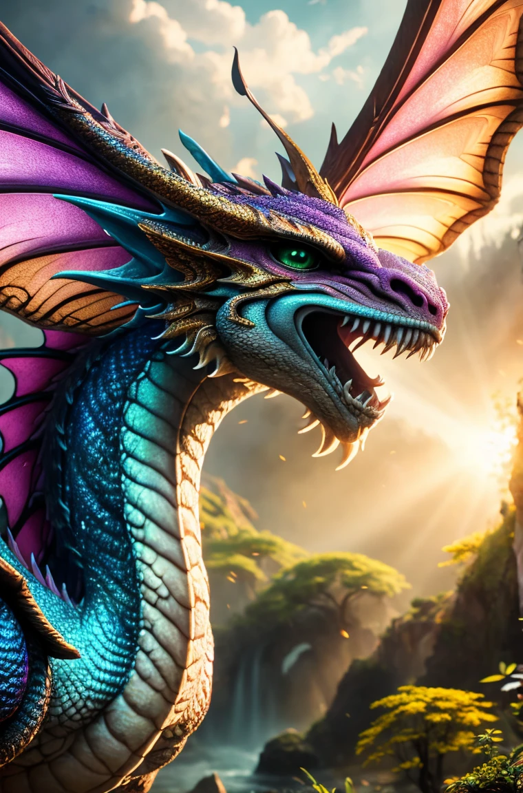 cute baby pink Dragon with mesmerizing feature butterfly ethereal wings masterpiece, top quality, best quality, official art, beautiful and aesthetic:1.2), (1dragon), extreme detailed,(fractal art:1.3), colorful, highest detailed, (masterpiece, best quality:1.3) 1 bright-amber, blue, green cat like-eyes, professional digital painting, Unreal Engine 5. playful teasing expression, finely detailed eyes, happy mood, epic scene, epic composition, Cinematic Lighting, Volumetric Lighting, ethereal light, intricate details, extremely detailed volumetric rays. oil painting, Detailed facial features, Sunlight, bright colors, dramatic lighting, expressive eyes, High Resolution, 4K quality, Photorealistic