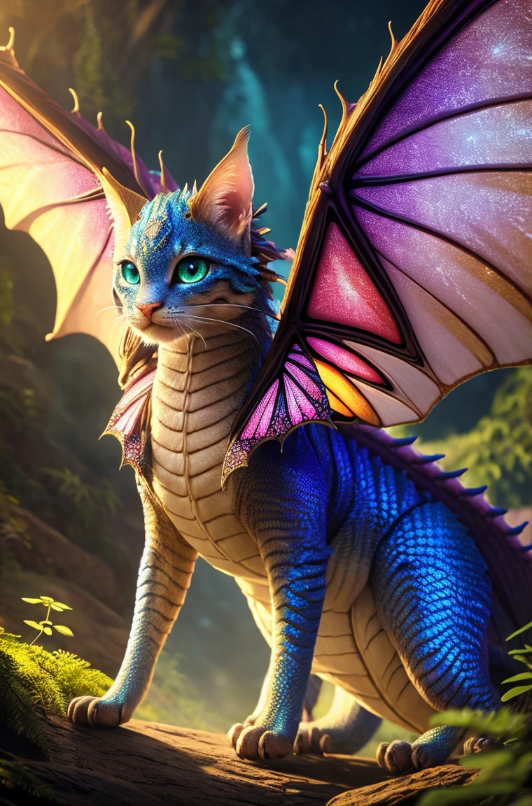 cute baby pink Dragon with mesmerizing feature butterfly ethereal wings masterpiece, top quality, best quality, official art, beautiful and aesthetic:1.2), (1dragon), extreme detailed,(fractal art:1.3), colorful, highest detailed, (masterpiece, best quality:1.3) 1 bright-amber, blue, green cat like-eyes, professional digital painting, Unreal Engine 5. playful teasing expression, finely detailed eyes, happy mood, epic scene, epic composition, Cinematic Lighting, Volumetric Lighting, ethereal light, intricate details, extremely detailed volumetric rays. oil painting, Detailed facial features, Sunlight, bright colors, dramatic lighting, expressive eyes, High Resolution, 4K quality, Photorealistic