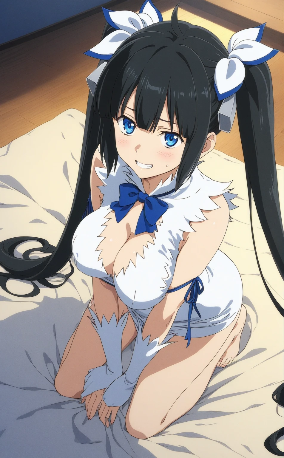 best quality, amazing quality, very aesthetic, absurdres, (1girl, hestia (danmachi),hestia \(danmachi\),long hair,blue ribbon,twintails),(blanket:1.8), (night, veil, thigh, arms between legs:1.3), (cowboy shot), (anime style:1.3), (official art:1.4), (half closed eyes:0.9), (from above:2), (all fours:1.4), (blush,grin), expressive eyes, perfect face, 4k, extremely detailed anime illustration, extremely detailed eyes, perfect anatomy, light rays, extremely delicate body, smooth skin, (room background:1.5), clear eyes, beautiful face, looking at viewer, (cinematic Light:1.5), big breasts,
