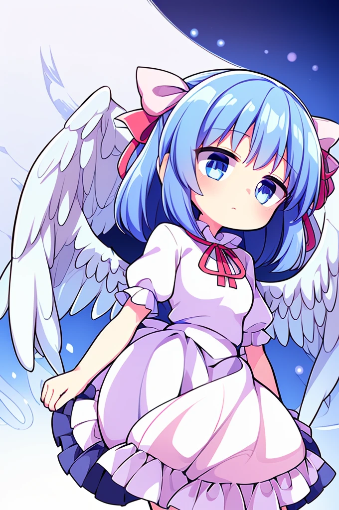 (best quality,4k,8k,highres,masterpiece:1.2), top-quality(​masterpiece), top-quality, ultra-detailed, highly detailed texture, intricate details, high quality textures, A cute teenage angel with blue eyes, big pink ribbon in her hair, drawn in anime style, 1girl, (((1girl in))), , 10 years old, (((loli))), ((childish)), medium blue hair, hair flaps, pink ribbon on head, well-formed face, Beautiful face, blue eyes, pretty eyes, angel girl, white blouse, puffy short sleeves, red ribbon, angel wings, long white skirt, red shoes, frills, ribbon head, A pair of angel wings on the back, clean line drawings, cute, perfect symmetrical face