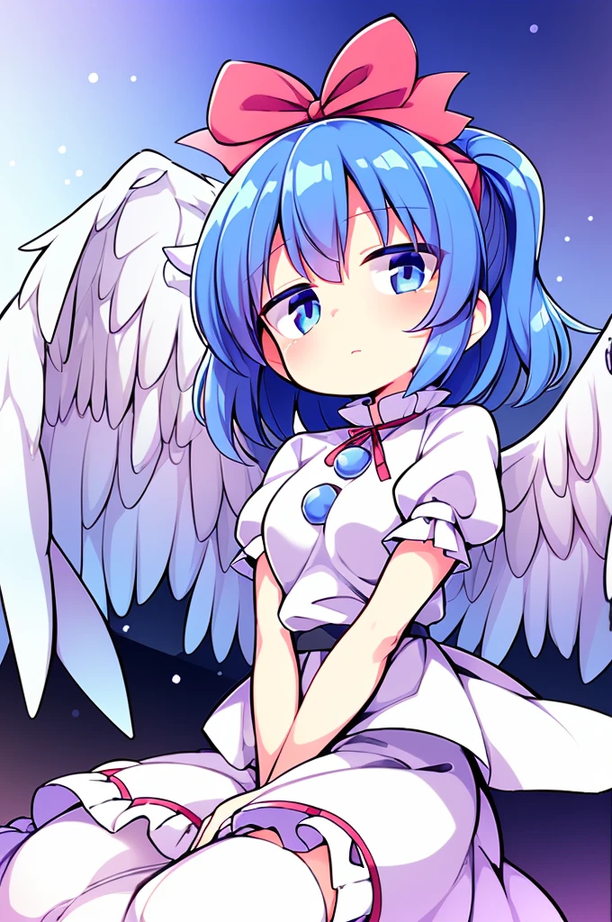 (best quality,4k,8k,highres,masterpiece:1.2), top-quality(masterpiece), top-quality, ultra-detailed, highly detailed texture, intricate details, high quality textures, A cute teenage angel with blue eyes, big pink ribbon in her hair, drawn in anime style, 1girl, (((1girl in))), , 10 years old, (((loli))), ((childish)), medium blue hair, hair flaps, pink ribbon on head, well-formed face, Beautiful face, blue eyes, pretty eyes, angel girl, white blouse, puffy short sleeves, red ribbon, angel wings, long white skirt, red shoes, frills, ribbon head, A pair of angel wings on the back, clean line drawings, cute, perfect symmetrical face