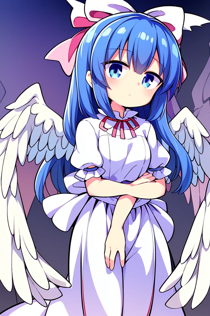 (best quality,4k,8k,highres,masterpiece:1.2), top-quality(masterpiece), top-quality, ultra-detailed, highly detailed texture, intricate details, high quality textures, A cute teenage angel with blue eyes, big pink ribbon in her hair, drawn in anime style, 1girl, (((1girl in))), , 10 years old, (((loli))), ((childish)), medium blue hair, hair flaps, pink ribbon on head, well-formed face, Beautiful face, blue eyes, pretty eyes, angel girl, white blouse, puffy short sleeves, red ribbon, angel wings, long white skirt, red shoes, frills, ribbon head, A pair of angel wings on the back, clean line drawings, cute, perfect symmetrical face