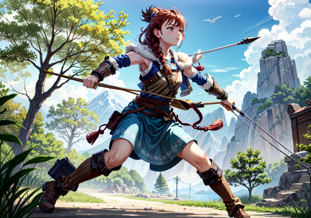 Aloy, fighting machines, aiming with a bow, showing armpits, red head, pretty face, focus, full body,
