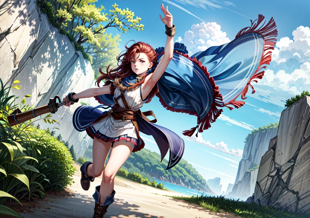 Aloy, fighting machines, aiming with a bow, showing armpits, red head, pretty face, focus, full body,