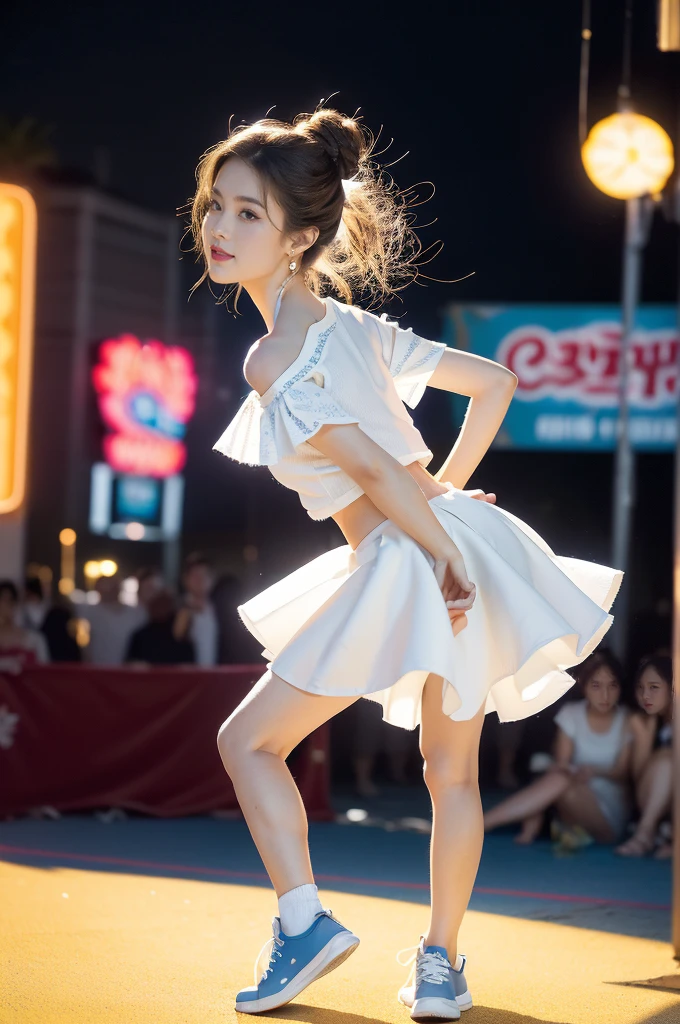 (((best quality))), (((ultra detailed))), (((masterpiece))), illustration,((a beautiful girl,solo)),(shoulder length straight hair:1.2),((slim,thin)),((small breasts,flat chest,claviclis,navel)),(blue short-sleeved white shirt:1.5),(blue mini-skirt:1.3),(slender legs:1.2),(sneakers:1.3),(standing:1.3),(on a stage:1.3),((outside a shopping mall, at the entrance of a beer promotional event)), ((surrounded by crowded crowds)),((her hair and the edges of her skirt fluttering in the air)), the girl's attire reflecting the vibrant spirit of summer, a sense of youthful charm and confidence exuding from her, her hair flows freely in the wind, the fluttering skirt accentuating her graceful movements, her expressive eyes and infectious smile drawing people closer, the stage adorned with colorful decorations, the vibrant atmosphere enhanced by the enthusiasm of the crowd, onlookers of various ages captivated by her performance, clapping, cheering, and taking photos, the girl's graceful dance transforming the ordinary streets into a vibrant and lively venue, her energy and charisma captivating the audience, the scene encapsulating the spirit of summer and the beauty of artistic expression,(night scene:1.3),(from front:1.3),(arms behind back:1.3),(full body:1.3)