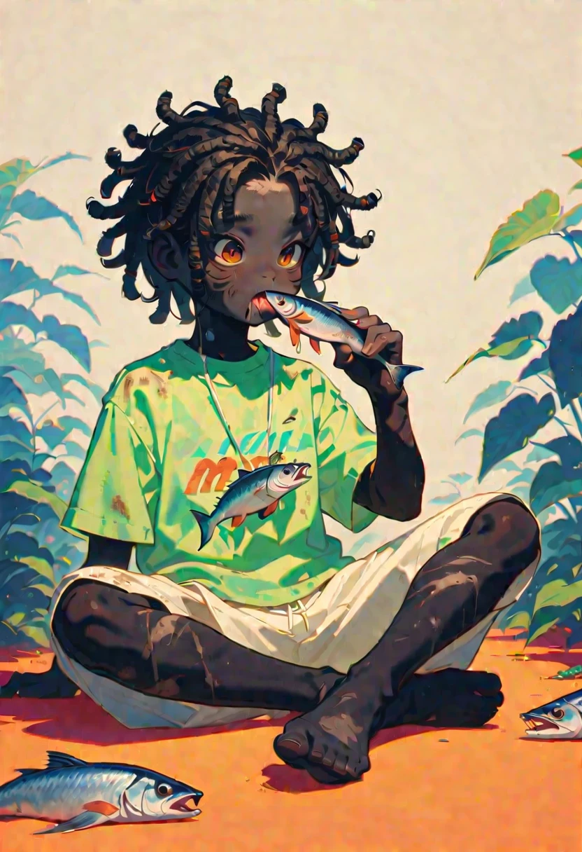 Style 9, a black-haired man, in dreadlocks, black skin, brown eyes, dirty, wearing a green fishing shirt, long white shorts, bare feet, sitting on the floor eating raw fish