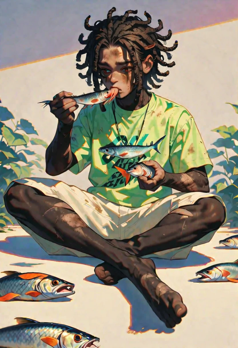 Style 9, a black-haired man, in dreadlocks, black skin, brown eyes, dirty, wearing a green fishing shirt, long white shorts, bare feet, sitting on the floor eating raw fish