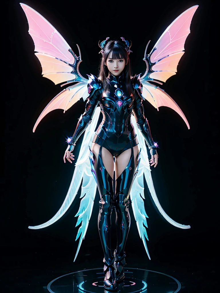1girl, Armor, Wings, beautiful dragon, futuristic evolved Nekomata, (Neon glowing body), 2 tails, holographic, (The wings are symmetrically paired;1.5), Tricolor color Armor