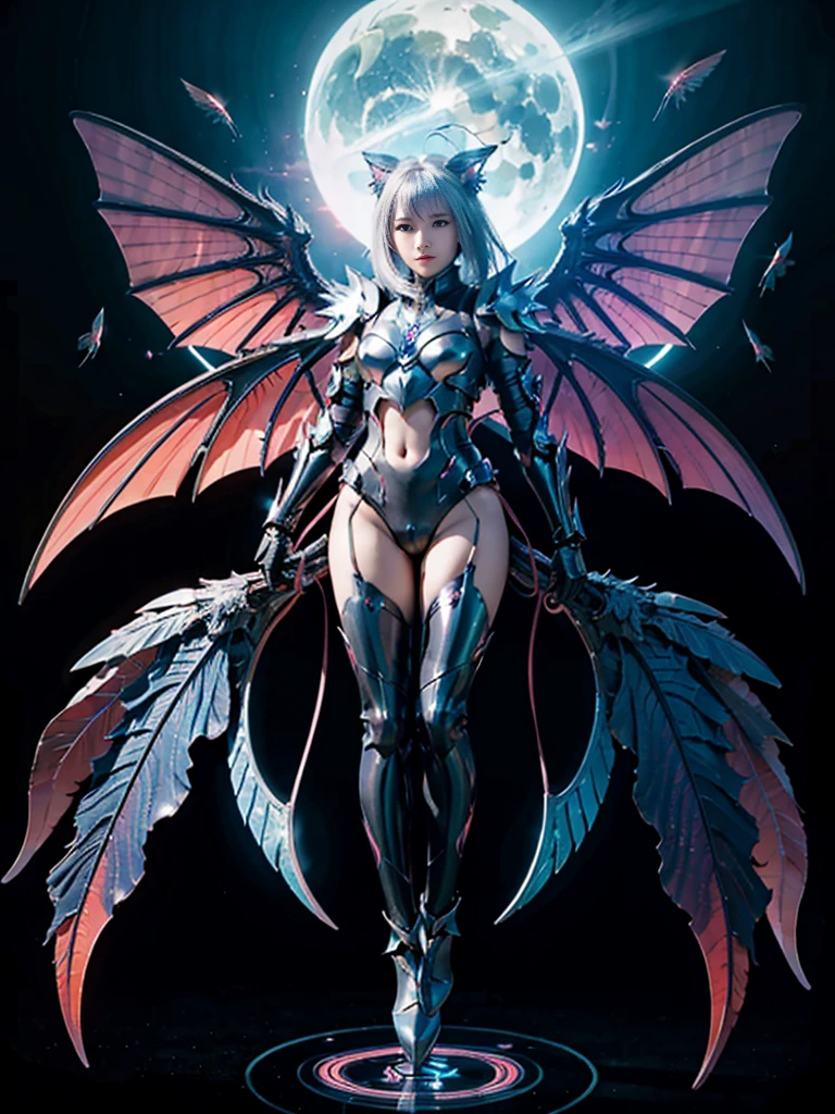 1girl, Armor, Wings, beautiful dragon, futuristic evolved Nekomata, (Neon glowing body), 2 tails, holographic, (The wings are symmetrically paired;1.5), Tricolor color Armor

