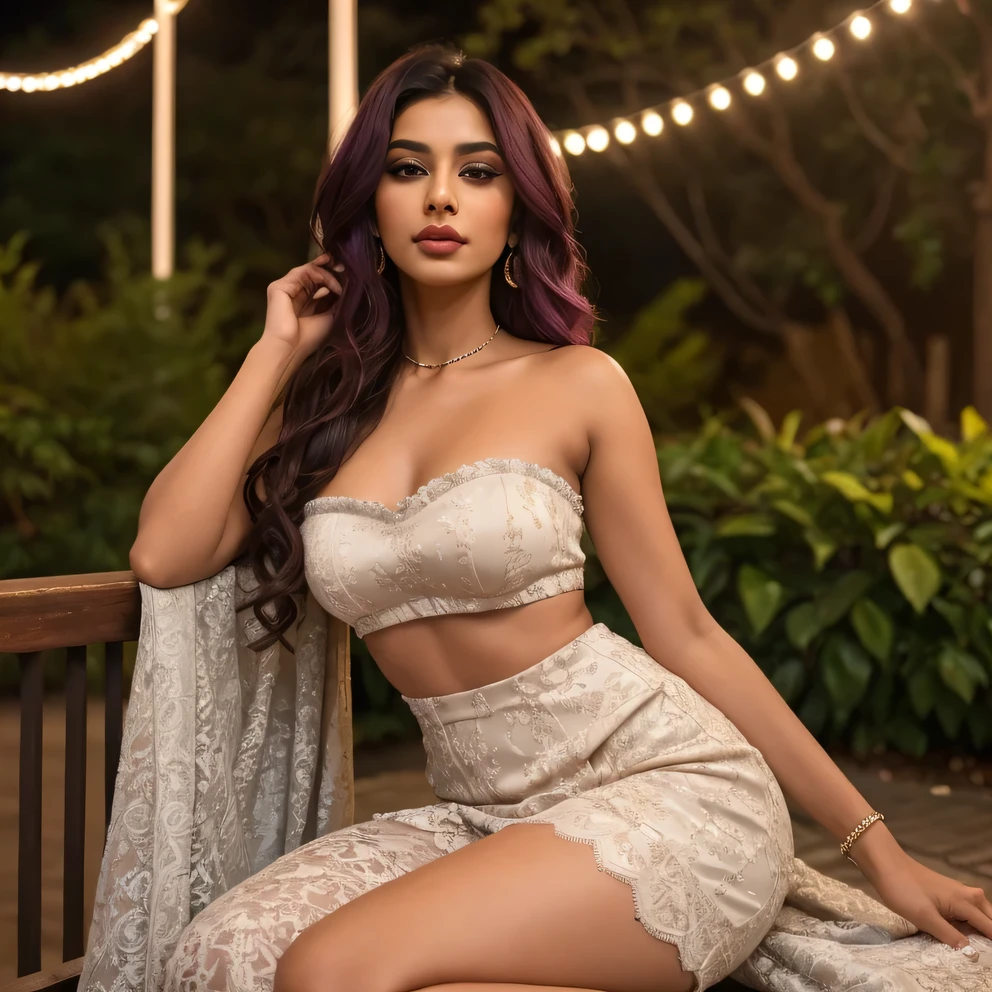 Create an ultra-realistic image of a modern, attractive female influencer of Indian descent, aged between 27 to 30. She should have a warm and inviting smile, expressive almond-shaped eyes with a slight shimmer, and clear, glowing skin with a medium brown complexion. Her features should be well-defined, with high cheekbones and a sharp jawline. Her hair should be a deep, reddish-purple hue, long, thick, and wavy, styled in loose waves with a natural shine and bounce.

She should have a slender yet athletic build, reflecting a healthy and active lifestyle. She is wearing a delicate ivory strapless knee-length lace one-piece suit. The intricate lace adds a touch of romance and refinement, and the medium bust size (44-46 inches) offers a balanced and proportionate look. The outfit is completed with elegant accessories and subtle chic jewelry.

The background should be a romantic garden setting with blooming flowers and fairy lights, adding an enchanting and refined atmosphere to the scene. Her overall appearance should exude confidence, approachability, and sophistication, capturing the essence of a contemporary Indian fashion influencer.