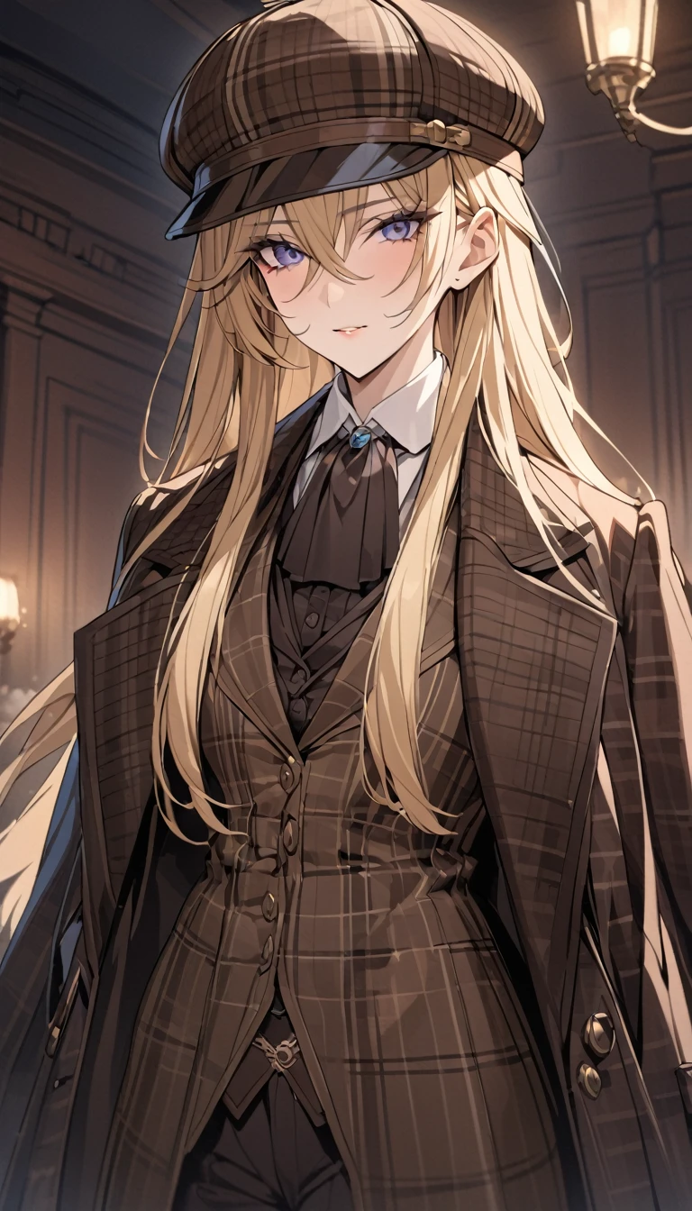 (detailed), adult woman like Sherlock Holmes, Wearing a silk hat and an Inverness coat, British gentleman style, ((highest quality)), ((masterpiece)), perfect face, blonde hair, long hair, Woman in her 20s