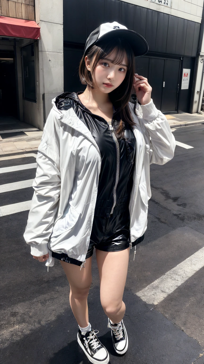Masterpiece, 8K, award-winning photos, photorealistic, realistic, ultra detailed, ultra high definition, ray tracung, _ the most beautiful, Gravure quality for high-end fashion magazines, 22 years old ,(sexy,Japanese idol, gray hair, short hair),shiny skin , detailed skin , detailed face , perfect anatomy, 1girl
_
BREAK (droopy eyes, Natural makeup:1.2),light color, crying a little, Harajuku style, huge breasts,
_
glowing blue eyes, tan skin,
_
BREAK (black and White theme:1.4), (oversized and baggy black outerwear:1.3), (fusion of black windbreaker and White hoodie:1.4), (black Nylon:1.4), ((zipper, large pocket):1.3), BREAK (black and white :1.2), (black platform high-cut sneakers:1.2),(Black leather short pants),(baseball cap),
Inorganic concrete studio with windows, highly detailed background, , ultra-realistic textures, dramatic lighting ,raw photo, _(dutch angle and curtsey ,on side:1.2), looking at viewer,