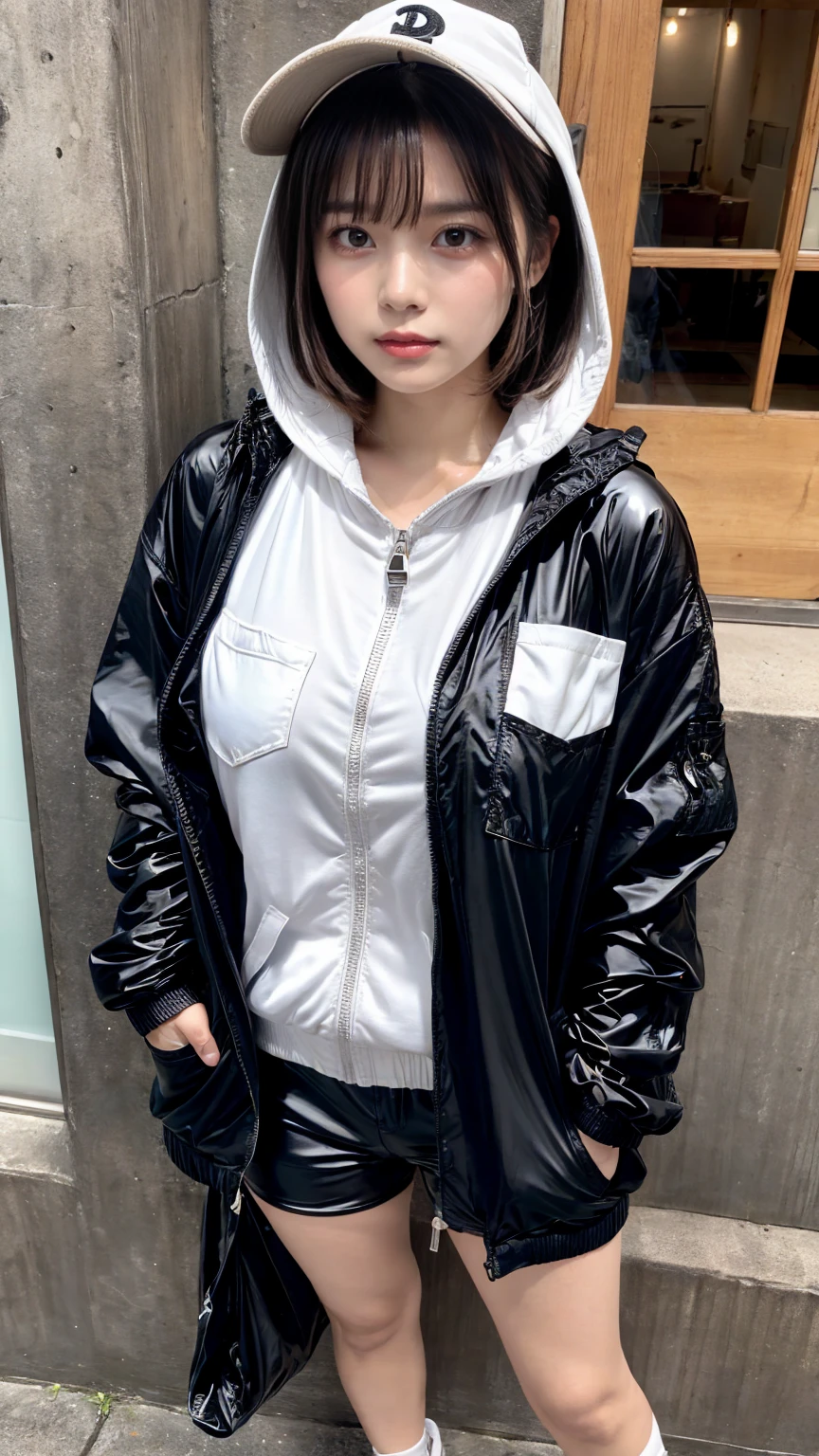 Masterpiece, 8K, award-winning photos, photorealistic, realistic, ultra detailed, ultra high definition, ray tracung, _ the most beautiful, Gravure quality for high-end fashion magazines, 22 years old ,(sexy,Japanese idol, gray hair, short hair),shiny skin , detailed skin , detailed face , perfect anatomy, 1girl
_
BREAK (droopy eyes, Natural makeup:1.2),light color, crying a little, Harajuku style, huge breasts, 
_
glowing blue eyes, tan skin,
_
BREAK (black and White theme:1.4), (oversized and baggy black outerwear:1.3), (fusion of black windbreaker and White hoodie:1.4), (black Nylon:1.4), ((zipper, large pocket):1.3), BREAK (black and white :1.2), (black platform high-cut sneakers:1.2),(Black leather short pants),(baseball cap),
 Inorganic concrete studio with windows, highly detailed background, , ultra-realistic textures, dramatic lighting ,raw photo, _(dutch angle and curtsey ,on side:1.2), looking at viewer,