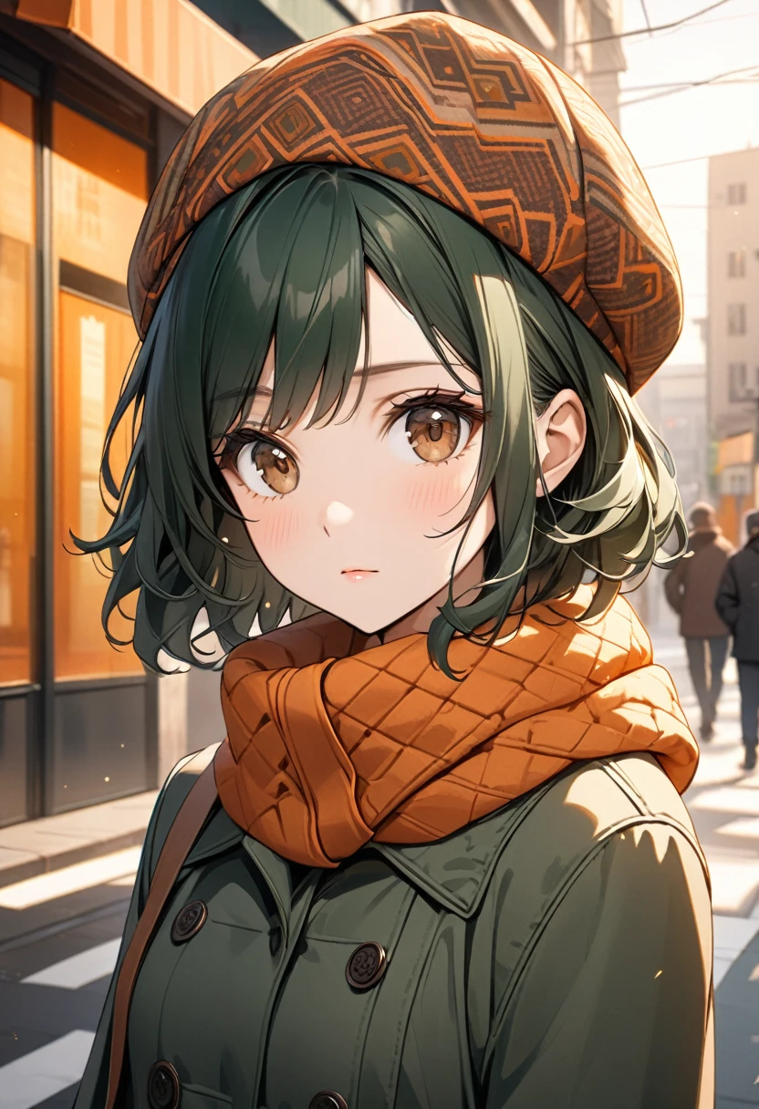 8k, Female model, dark green short wavy hair, Brown eyes, warm clothes, cap on head, orange tones, patterned, Urban context, smooth light, neutral expression