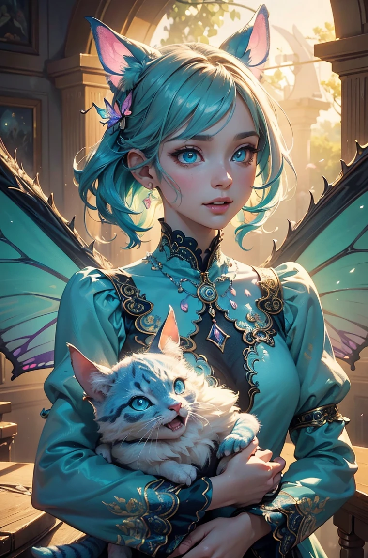 cute baby pink Dragon with mesmerizing feature butterfly ethereal wings masterpiece, top quality, best quality, official art, beautiful and aesthetic:1.2), (1dragon), extreme detailed,(fractal art:1.3), colorful, highest detailed, (masterpiece, best quality:1.3) 1 bright-amber, blue, green cat like-eyes, professional digital painting, Unreal Engine 5. playful teasing expression, finely detailed eyes, happy mood, epic scene, epic composition, Cinematic Lighting, Volumetric Lighting, ethereal light, intricate details, extremely detailed volumetric rays. oil painting, Detailed facial features, Sunlight, bright colors, dramatic lighting, expressive eyes, High Resolution, 4K quality, Photorealistic