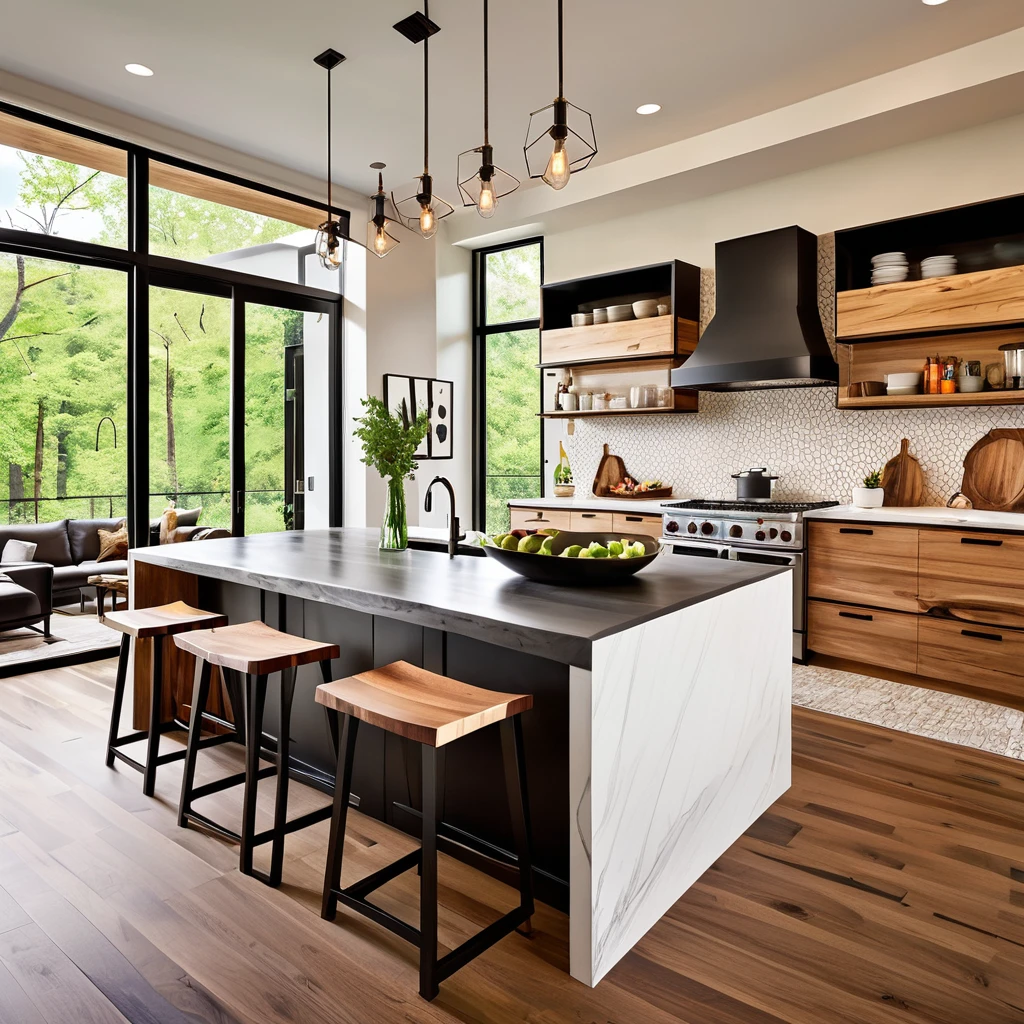 Design a sleek and modern kitchen with a distinctive live-edge wooden island countertop. The kitchen should feature white cabinets and black countertops for a contemporary aesthetic. Add geometric bar stools and pendant lights above the island for a stylish look. Use a light, neutral backsplash to keep the space bright and airy. Make sure the kitchen is filled with natural light, enhancing the combination of modern and rustic elements for a cozy and elegant feel