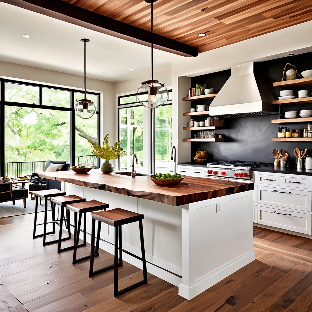 Design a sleek and modern kitchen with a distinctive live-edge wooden island countertop. The kitchen should feature white cabinets and black countertops for a contemporary aesthetic. Add geometric bar stools and pendant lights above the island for a stylish look. Use a light, neutral backsplash to keep the space bright and airy. Make sure the kitchen is filled with natural light, enhancing the combination of modern and rustic elements for a cozy and elegant feel