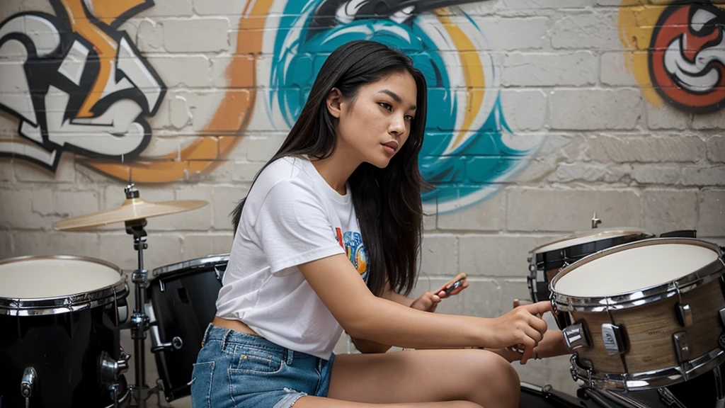 Gorgeous woman, twenty five years old, Indonesian, she is a guitarist, playing a guitar on a coffee shop, wearing casual outfit, she’s playing a good music with her guitar.