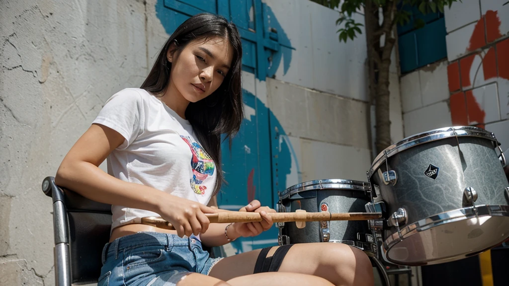 A low-angle photograph captures a young woman of mixed Thai and Chinese descent with long, straight black hair, sitting on a chair and playing a drum set. She is wearing a white t-shirt and short denim shorts. The woman is deeply focused on playing the drums. The background features a wall in a vibrant street art style, with distinctive designs that express emotions and bright colors, adding to the overall lively and dynamic atmosphere of the scene.