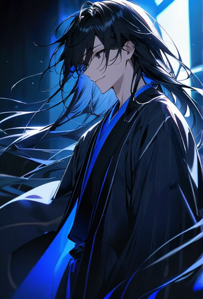Japanese。male。Sharp black Eye。Strong features。Smile a little。Very long black hair。Plain blue kimono(Dressed in kimono)。A strong wind blows my hair back。Cover your eyes with hair。The background is blue light。Stand up straight。