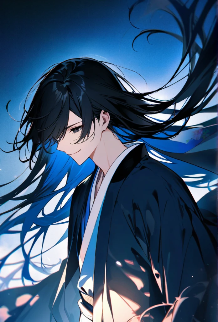 Japanese。male。Sharp black Eye。Strong features。Smile a little。Very long black hair。Plain blue kimono(Dressed in kimono)。A strong wind blows my hair back。Cover your eyes with hair。The background is blue light。Stand up straight。