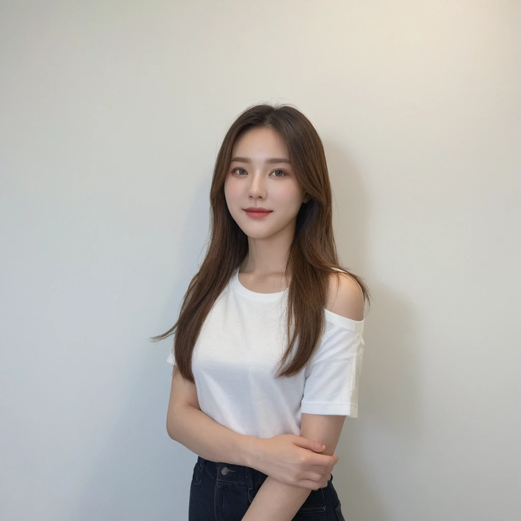 Best Quality, 8k, Masterpiece, (Portrait: 1.3), (photo realistic:1.4), (hyper realistic:1.4), Sharp Focus, looking at viewer, (smoother lighting:1.1), (increase cinematic lighting quality:0.9), realistic lighting, backlighting, light on face, ray trace, (brightening light:1.2), (Increase quality:1.4), sharp detail, (best quality real texture skin:1.4), finely detailed eyes, black_eyes, finely detailed face, 25 year old Korean woman, (rilled_shirt:1.4), (Create an image maintaining the original base model hairstyle:1.5)