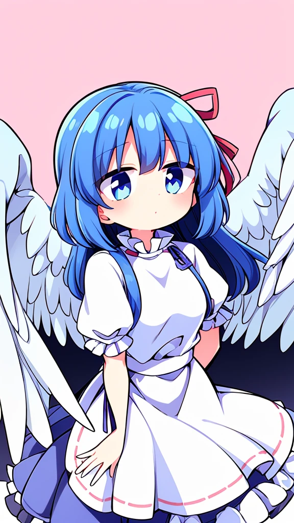 (best quality,4k,8k,highres,masterpiece:1.2), top-quality(​masterpiece), top-quality, ultra-detailed, highly detailed texture, intricate details, high quality textures, A cute teenage angel with blue eyes, big pink ribbon in her hair, drawn in anime style, 1girl, (((1girl in))), , 10 years old, (((loli))), ((childish)), medium blue hair, hair flaps, pink ribbon on head, well-formed face, Beautiful face, blue eyes, pretty eyes, angel girl, white blouse, puffy short sleeves, red ribbon, angel wings, long white skirt, red shoes, frills, ribbon head, A pair of angel wings on the back, clean line drawings, cute, perfect symmetrical face