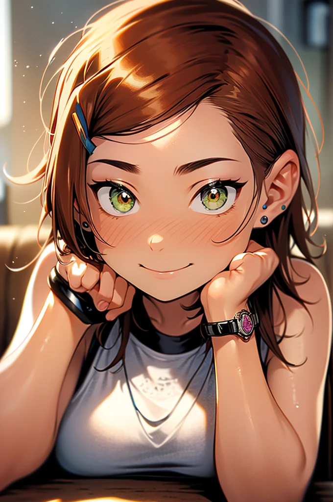 (masterpiece, best quality, ultra-detailed, highres, 4k),(beautiful detailed eyes),(very detailed face),(1girl),HDR,long hair, shorts, phone, brown eyes, brown hair, cellphone, bracelet, tank top, jewelry, watch, lips, solo focus, nail polish, blurry background, smile, wristwatch, realistic, blurry, looking at viewer