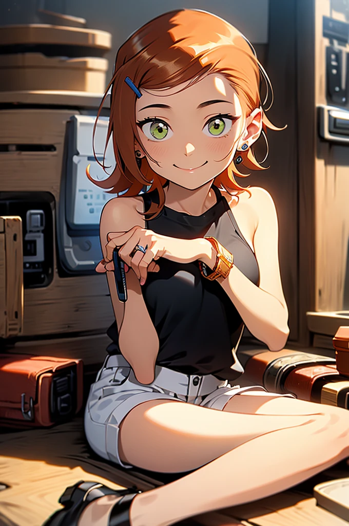 (masterpiece, best quality, ultra-detailed, highres, 4k),(beautiful detailed eyes),(very detailed face),(1girl),HDR,long hair, shorts, phone, brown eyes, brown hair, cellphone, bracelet, tank top, jewelry, watch, lips, solo focus, nail polish, blurry background, smile, wristwatch, realistic, blurry, looking at viewer