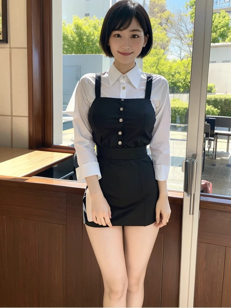 Highest quality、masterpiece、8k、Very detailed、Realistic、(One person:1.2)、Looking at me with a smile、whole body、Black Hair、Short Hair、Small face、Slender、(Very large breasts:1.2)、Thin and beautiful legs、narrow and constricted waist,、(Family Restaurant Uniforms:1.2)、A tight-fitting white shirt with buttons and a collar、A short, black, high-waisted skirt、(Nobody background)