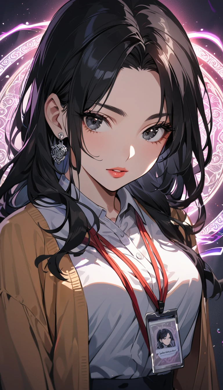 1woman,matured face,curtain hair forehead(long black hair),eyes,black eyes,teacher,teacher outfit, beautiful, colourful classroom background,standing attentive pose, neutral,stoic,wearing an ID card,earrings,juicy full lips,magic circle in the background, portrait , cinematic lighting,