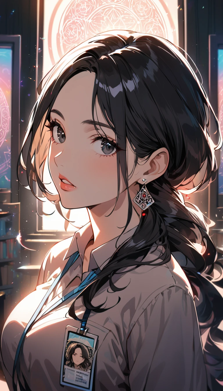 1woman,matured face,curtain hair forehead(long black hair),eyes,black eyes,teacher,teacher outfit, beautiful, colourful classroom background,standing attentive pose, neutral,stoic,wearing an ID card,earrings,juicy full lips,magic circle in the background, portrait , cinematic lighting,