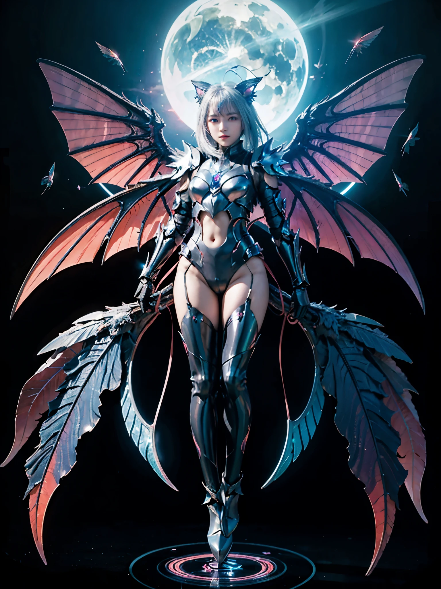 1girl, Armor, Wings, beautiful dragon, futuristic evolved Nekomata, (Neon glowing body), 2 tails, holographic, (The wings are symmetrically paired;1.5), Tricolor color Armor
