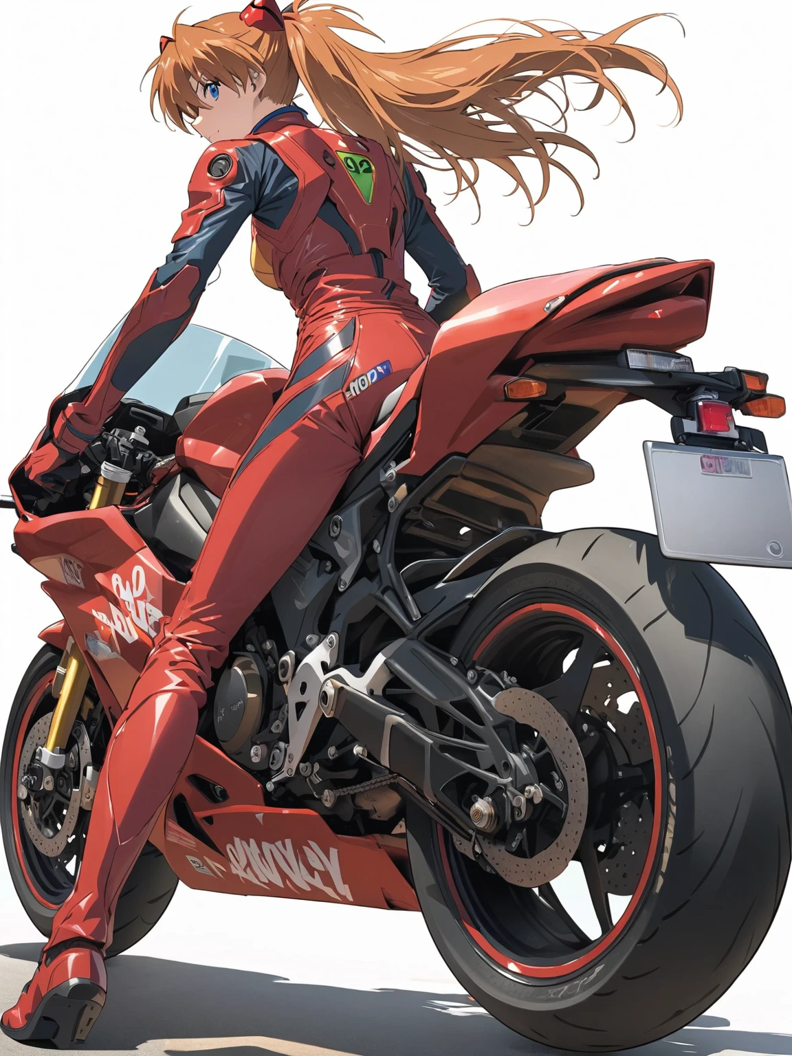 Anime girl wearing red leather coat sitting on red motorcycle, Asuka langley sohryu, Asuka langley, Asuka langley soryu, Asuka langley souryuu, Akira Honrcycle, Akira's motorcycle, portrait of Asuka langley soryu, Whole body Zen sea! Asuka suit, Asuka, Akira Hon, Akira style, Yoshihiko Wada