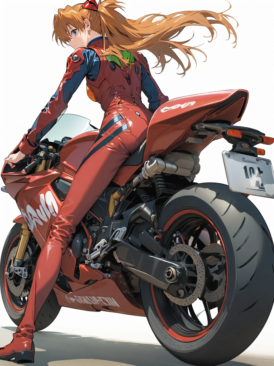 Anime girl wearing red leather coat sitting on red motorcycle, Asuka langley sohryu, Asuka langley, Asuka langley soryu, Asuka langley souryuu, Akira Honrcycle, Akira&#39;s motorcycle, portrait of Asuka langley soryu, Whole body Zen sea! Asuka suit, Asuka, Akira Hon, Akira style, Yoshihiko Wada