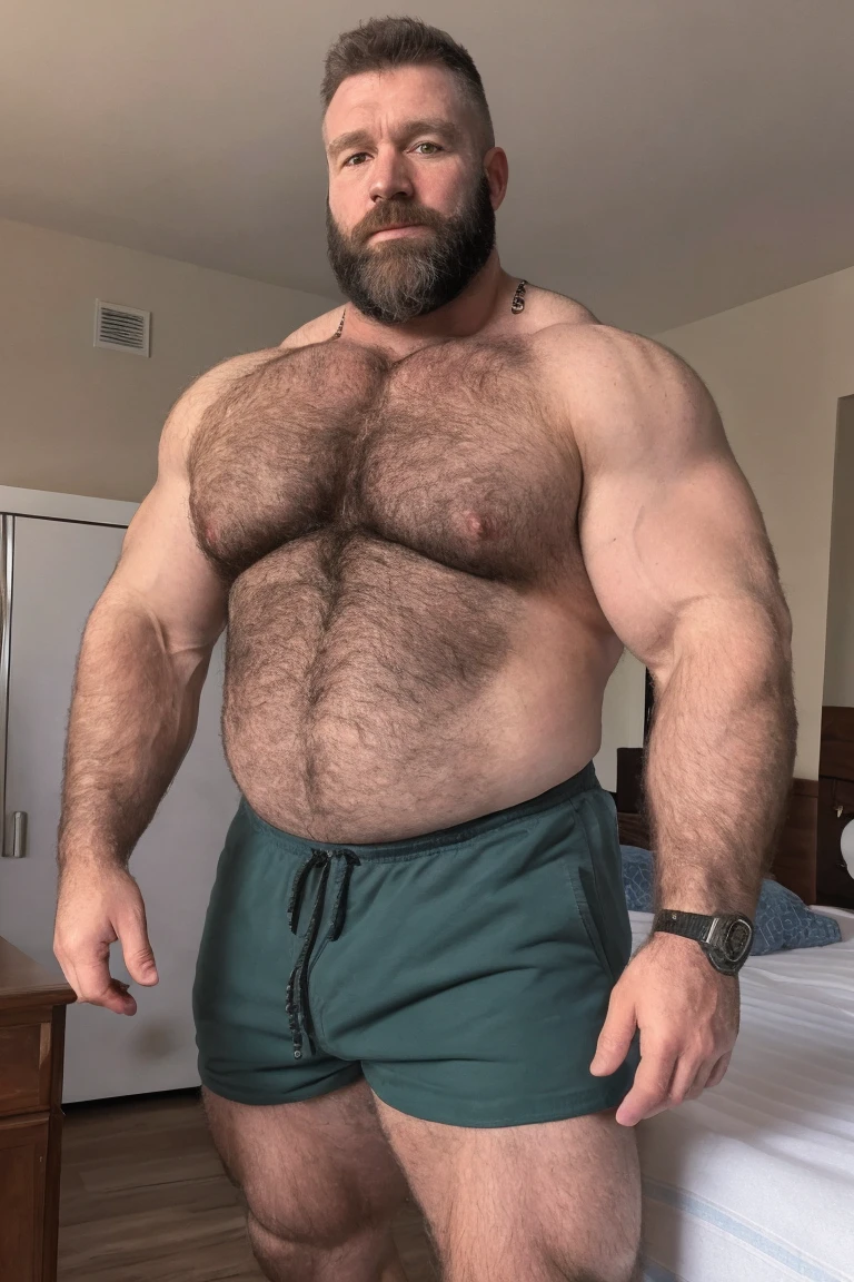 8KUHD Very HIGH RESOLUTION HDR Very Extremely Realistic Very Detailed High Quality 8K HDR Very Realistic photograph featuring a 46 year old daddy rugged bodybuilder muscle bears man, 8K very realistic detailed hairy, 8K very realistic beared big daddy muscle bear, and 8K very realistic detailed rugged burly man in shorts. 8K Very Realistic legs, 8K very realistic hair, 8K very realistic beards, 8K very realistic thick chubby fat neck, 8Kvery realistic neck lines, 8K very realistic detailed neck, 8K very realistic belly, 8K very realistic burly chest, 8K very realistic detailed hairy burly strong chest and arms, 8K very realistic detailed hairy burly strong chest and arms, 8K very realistic pecs, 8K very realistic burly muscle bear body, 8K very realistic nipples, 8K very realistic burly muscle bear body, 8K very realistic face, 8K very realistic detailed face, 8K very realistic eyes, 8K very realistic detailed eyes, 8K very realistic pupils, 8K very realistic detailed pupils, 8K very realistic head, 8K very realistic waist, 8K very realistic facial features, 8K very realistic burly arms, 8K very realistic elbows, 8K very realistic hands, 8K very realistic pecs, 8K very realistic belly, 8K very realistic human man body, 8K very realistic bellybutton, 8K very realistic wrists, 8K very realistic fingers, 8K very realistic fingernails, 8K very realistic shoulders, 8K very realistic mouth, 8K very realistic lips, 8K very realistic mens clothing, 8K very realistic detailed mens clothing. 8K HDR Very Realistic Hairy Bearded Burly Muscle bear Photoshoot, 8K A very realistic burly muscle bear man in a bedroom, 8K HDR Very Realistic Intricately Detailed, 8K HDR very realistic detailed bedroom surroundings, 8K HDR very realistic surroundings lighting, No Deformities, captured with a 85mm lens, 8K HDR Very Ultra Realistic and 8K HDR Very Realistic Photograph, 8K HDR Clear HDR Quality full with very realistic real details