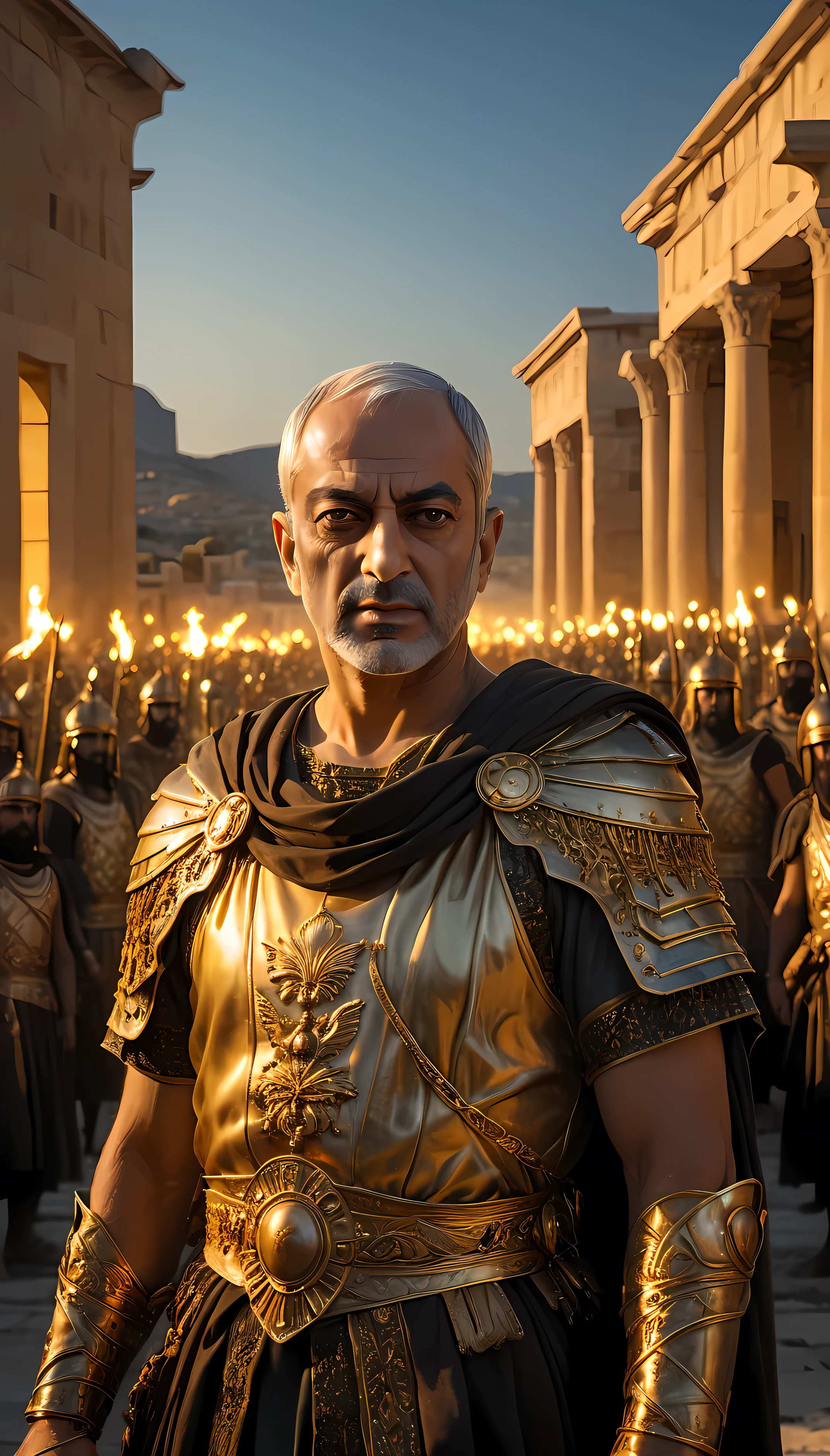 when the sun began to set, The warm golden hues of the sun illuminated her ornate attire., casting a warm glow across the area, ground level shooting, Selfie of King Xerxes with his army after the defeat of Greece, darkness background, hyperrealisti, ultra detailed hyperrealisti, photorrealistic, studio lighting, Reflections, dynamic pose, cinematic, color grading, fot, Shot with a 50mm lens, ultra-wide angle, Depth of field, 超detailded, beautifully color-graded, 8k, golden light from the front,