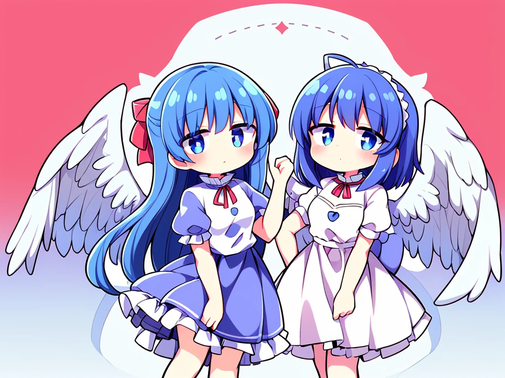 (best quality,4k,8k,highres,masterpiece:1.2), top-quality(masterpiece), top-quality, ultra-detailed, highly detailed texture, intricate details, high quality textures, A cute teenage angel with blue eyes, big pink ribbon in her hair, drawn in anime style, 1girl, (((1girl in))), , 10 years old, (((loli))), ((childish)), medium blue hair, hair flaps, pink ribbon on head, well-formed face, Beautiful face, blue eyes, pretty eyes, angel girl, white blouse, puffy short sleeves, red ribbon, angel wings, long white skirt, red shoes, frills, ribbon head, A pair of angel wings on the back, clean line drawings, cute, perfect symmetrical face
