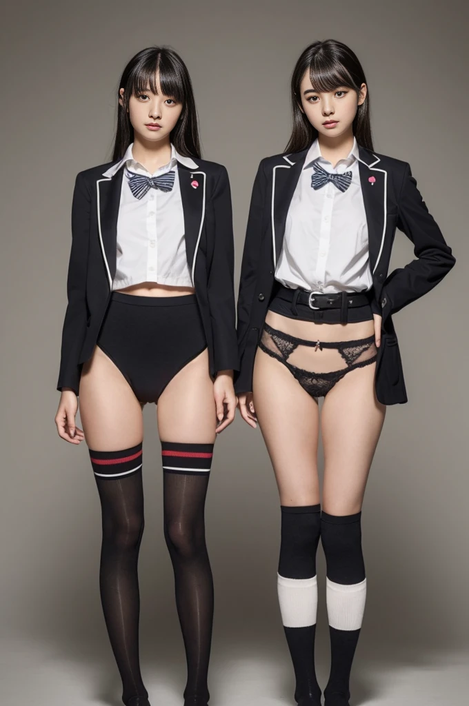 ((Black knee-high socks、Japan Uniform、Detailed panties))、(Realistic、Photorealistic、Ultra-detailed、Highest Detail Skin、Highest quality、masterpiece、Ultra-high resolution)、Japanese women、、high school girl、Has bangs、double eyelid、Big black eyes、Realistic skin types、Stand upright、Thighs Thighs Thighs Thighs