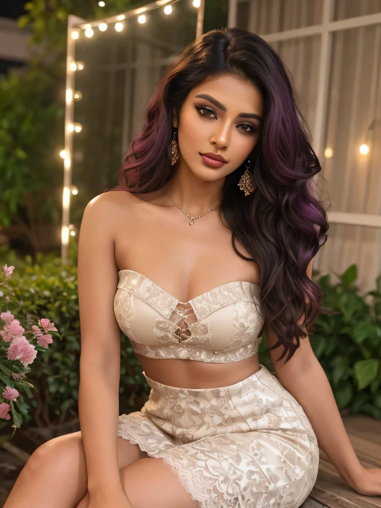 Create an ultra-realistic image of a modern, attractive female influencer of Indian descent, aged between 27 to 30. She should have a warm and inviting smile, expressive almond-shaped eyes with a slight shimmer, and clear, glowing skin with a medium brown complexion. Her features should be well-defined, with high cheekbones and a sharp jawline. Her hair should be a deep, reddish-purple hue, long, thick, and wavy, styled in loose waves with a natural shine and bounce.
She should have a slender yet athletic build, reflecting a healthy and active lifestyle. She is wearing a delicate ivory strapless knee-length lace one-piece suit. The intricate lace adds a touch of romance and refinement, and the medium bust size (44-46 inches) offers a balanced and proportionate look. The outfit is completed with elegant accessories and subtle chic jewelry.
The background should be a romantic garden setting with blooming flowers and fairy lights, adding an enchanting and refined atmosphere to the scene. Her overall appearance should exude confidence, approachability, and sophistication, capturing the essence of a contemporary Indian fashion influencer.
