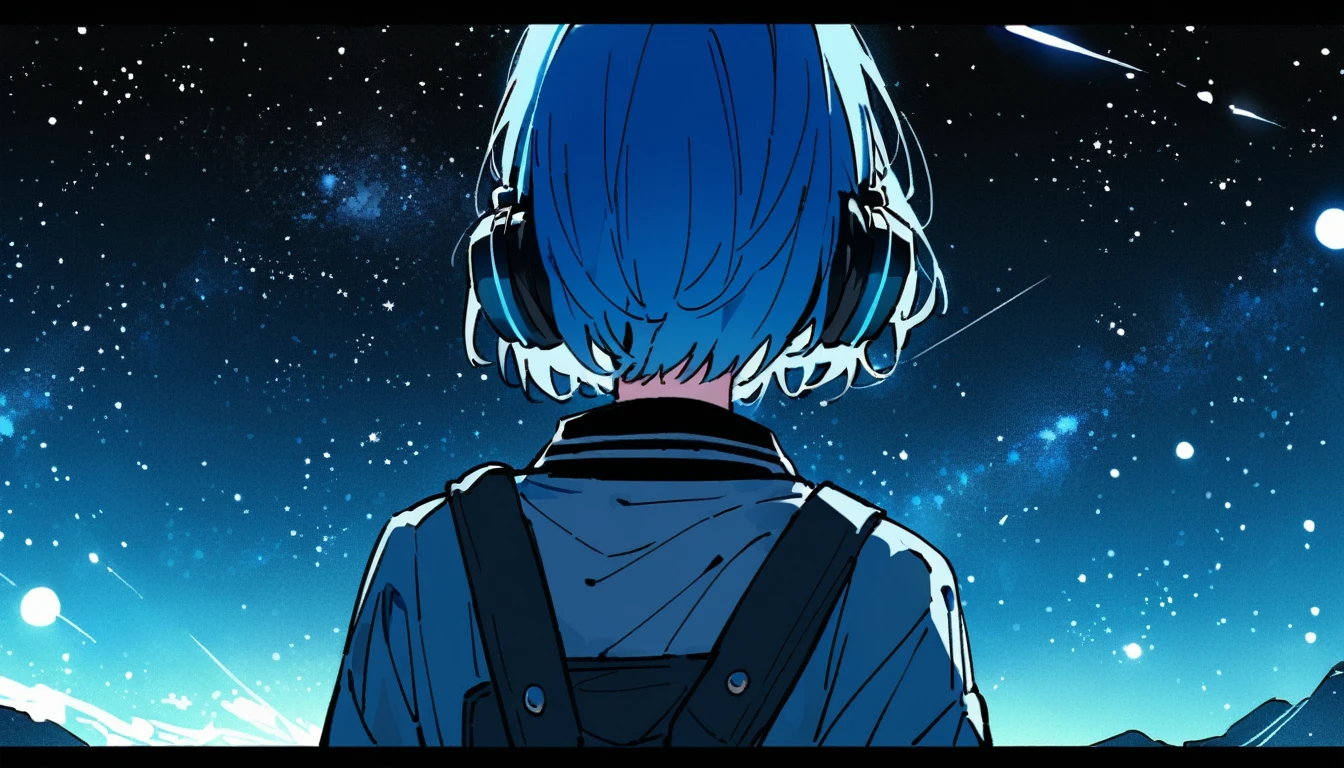 Blue Hair、、The starry sky fills the screen.、女の子のBack view。A woman is wearing headphones 4k, sad,、Bowwater&#39;Art Style、Beautiful digital illustrations、Beautiful character drawings、Stunning Anime Face Portraits Mikudayo, Official artwork, Lo-fi Girl, Admire the art style,, Halfbeak, Anime atmosphere, A mix of anime style and Fujifilm, Digital anime illustration, anime wallpaper 4k　ヘッドフォンをつけた少女 Blue Hairの女性　Put on headphones;　　　High resolution　high quality　Beautiful and realistic sky　The sky is the main thing　Back view　Back view　The scenery is the main thing　The scenery is the main thing　Emotional　lofi old camera film　Deep　3D