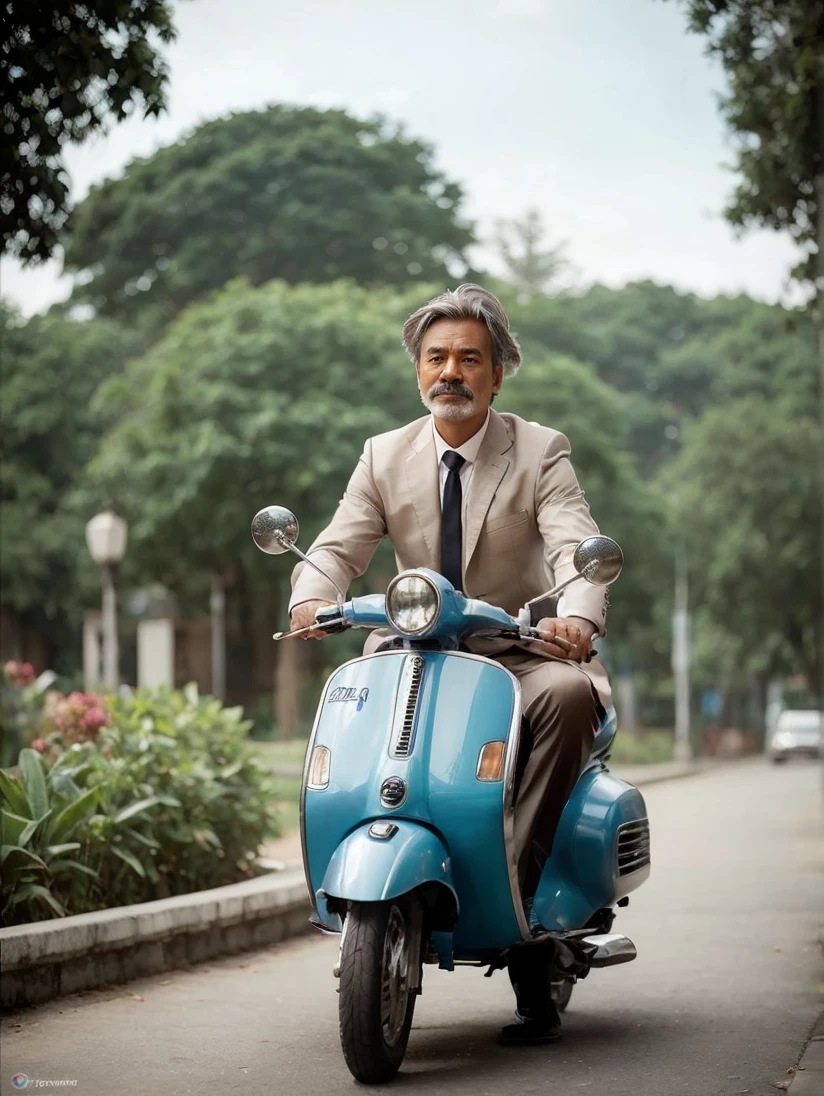 masterpiece, best quality, highest quality, amazing details, 8k, realistic, (looking at viewer), ((half body)), posing, studio light, 
man, ombre silver hair, square face, round face, double chin, indonesiese, 
Mustache, small chin, 
suit, tie, shirt, 
simple background,