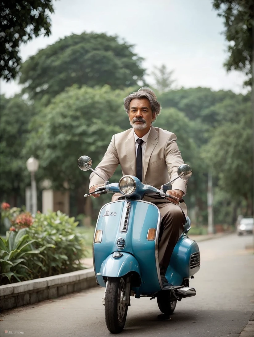 masterpiece, best quality, highest quality, amazing details, 8k, realistic, (looking at viewer), ((half body)), posing, studio light, 
man, ombre silver hair, square face, round face, double chin, indonesiese, 
Mustache, small chin, 
suit, tie, shirt, 
simple background,