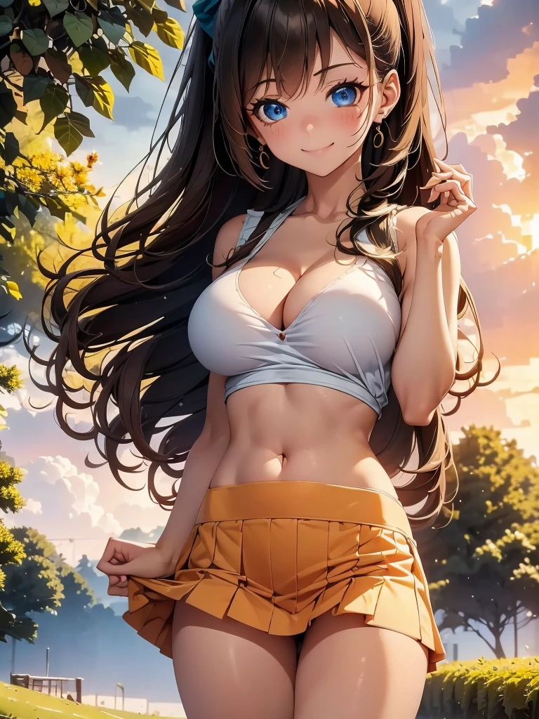 1girl, solo, beautiful girl, brunette skin, blue eyes, detailed anime style, perfect anatomy, perfect hands, narrow waist, medium breasts, long hair, brown hair, high ponytail, asymmetrical bangs, blue eyes, detailed eyes, blush, emerald earrings, orange shirt, denim skirt, cleavage, navel, midriff, smile, standing, perfect hands, arm up, woods, cabin, sunset, orange sky, clouds, outdoors, underboobs, ice cream, holding ice cream, high quality, high resolution,